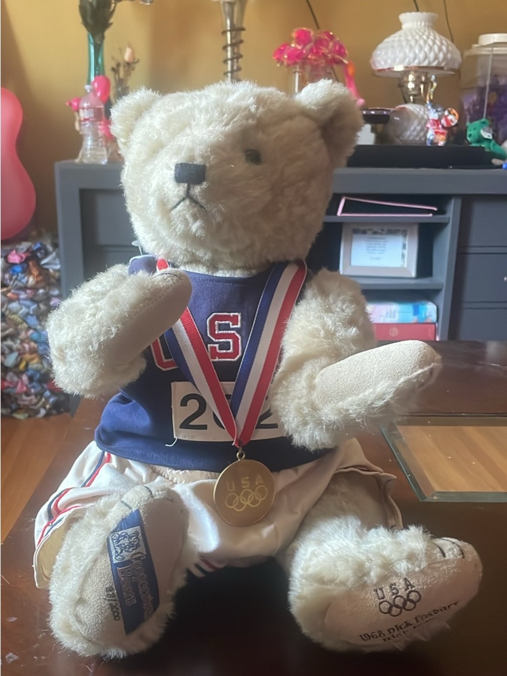Cream Plush Bear with Navy USA Jersey and Gold Medal